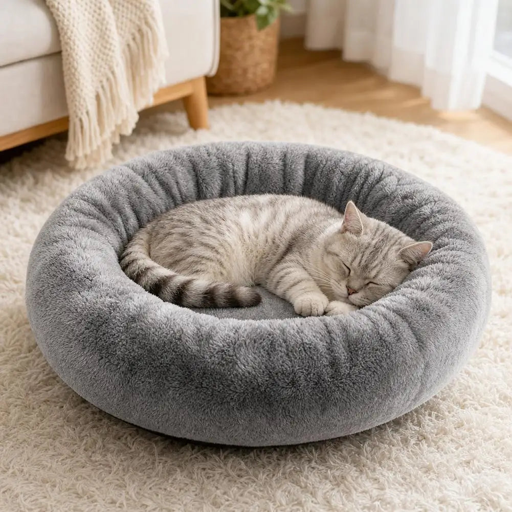 Nid douillet rond en velours pour chat et petit chien - Antidérapant